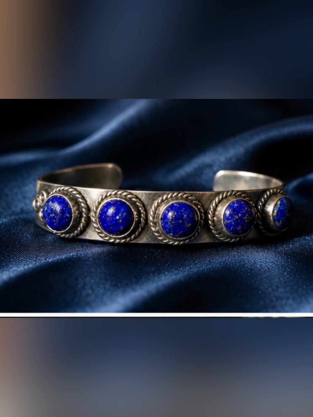Sterling Silver Cuff Bracelet with Lapis Lazuli Stones - Blue